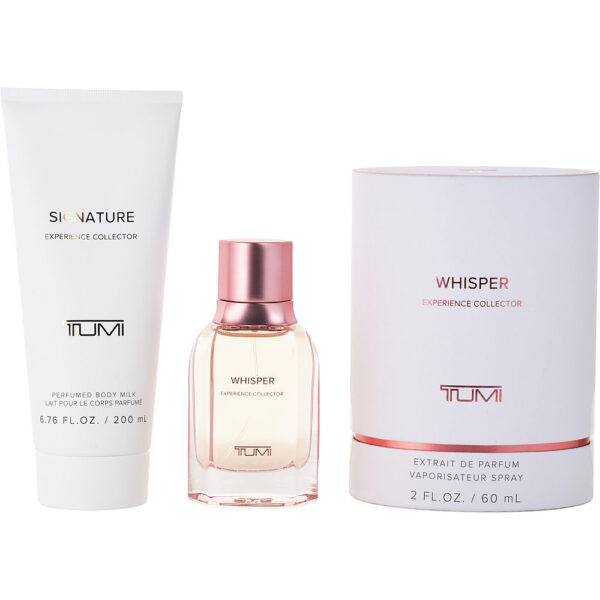 Tumi Whisper by Tumi EXTRAIT DE PARFUM SPRAY 2 OZ & BODY MILK 6.8 OZ (EXPERIENCE COLLECTION) for WOMEN