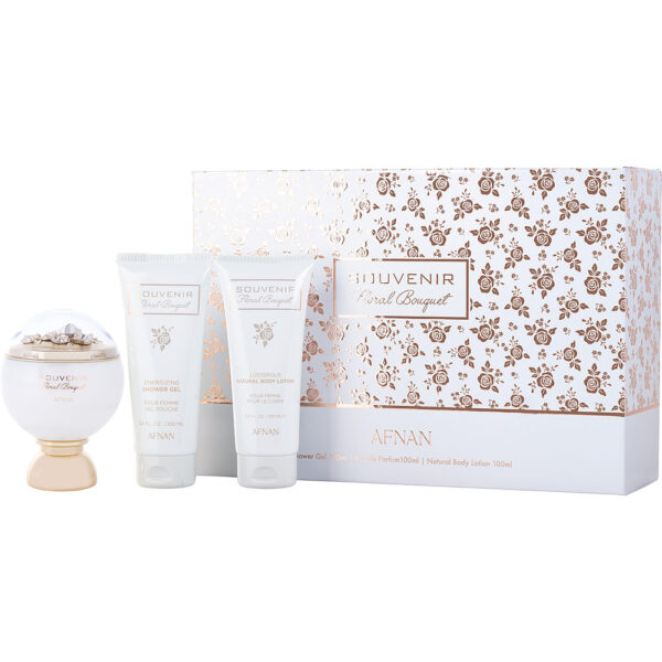 Afnan Perfumes Afnan Souvenir Floral Bouquet & SHOWER GEL & BODY LOTION Eau de Parfum for Women – 3.4 oz