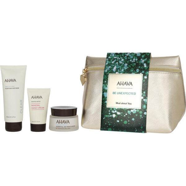 Ahava Be Unexpected Mud About You : Time to Hydrate Essential Day + Time to Clear Purifying Mud Mask + Deadsea Water Mineral Hand Cream 3pcs for Women – 50 ml