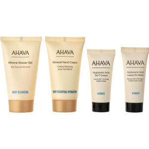 Ahava Dare To Glow Refresh & Hydrate Express: Mineral Hand Cream + Mineral Shower Gel + Hyaluronic Acid 24 7 Cream + Hyaluronic Acid Leave On Mask 4pcs for Women – 40 ml