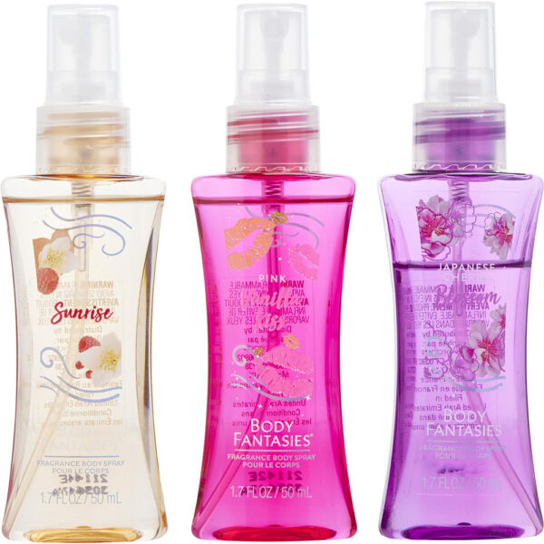 Body Fantasies Variety 3 PIECES WITH JAPANESE CHERRY BLOSSOM & SWEET SUNRISE & PINK VANILLA KISS AND ALL ARE Body Spray for Women – 1.7 oz