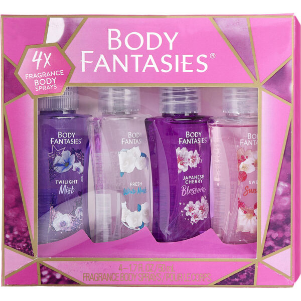 Body Fantasies Variety 4 PIECE WITH JAPANESE CHERRY BLOSSOM & FRESH WHITE MUSK & TWILIGHT MIST & SWEET SUNRISE AND ALL ARE Body Spray for Women – 1.7 oz
