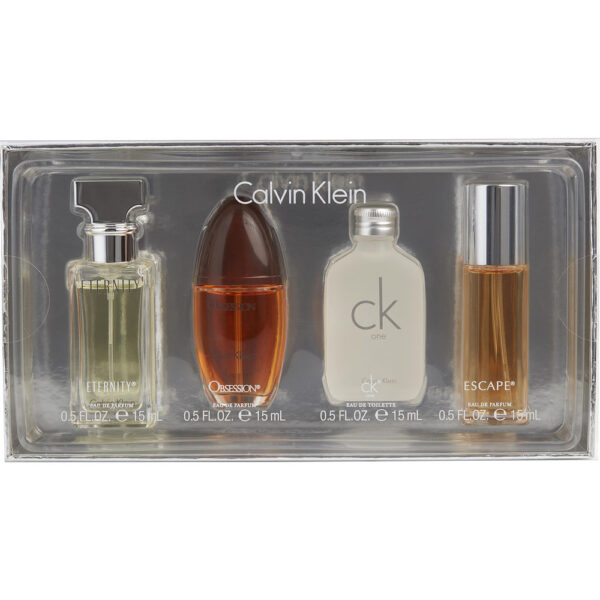 Calvin Klein Variety 4 PIECE VARIETY WITH ETERNITY & ESCAPE & OBSESSION & CK ONE AND ALL ARE for Women – 0.5 oz