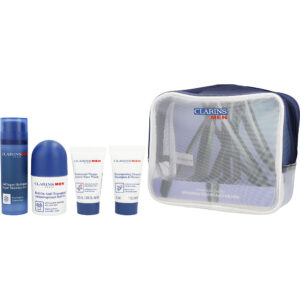 Clarins Men Grooming Essentials : Super Moisture Gel + Deodorant Roll on + Shampoo and Shower Gel + Active Face Wash 4pcs + Bag for Men – 50 ml