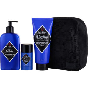 Jack Black Clean & Cool Body Basics Kit: All Over Wash for Face Hair & Body + Pit Boss Antiperspirant & Deodorant + Cool Moisture Body Lotion +Sustainable Bag 4 pcs for Men – 10 oz