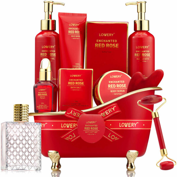 Lovery Red Rose Home Spa and Bath Basket Self Care Gift for Women