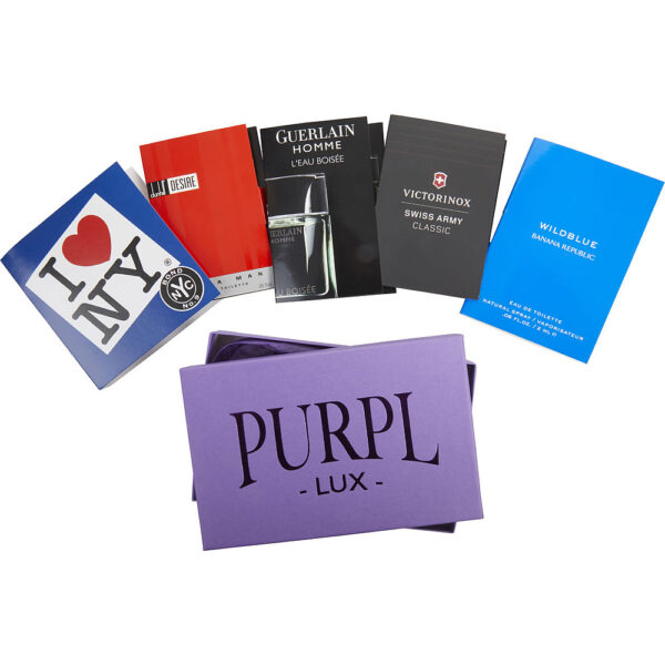 Purpl Lux Subscription Box For Men Purpl Lux Subscription Box Purpl Lux Subscription Box by $BOND NO. 9 I LOVE NY $GUERLAIN HOMME L'EAU BOISEE $DESIRE $SWISS ARMY $BANANA REPUBLIC WILDBLUE for Men