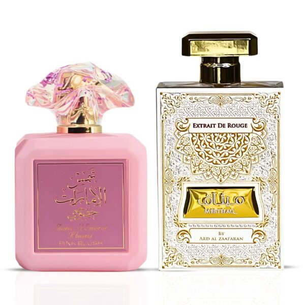 Ard Al Zaafaran Pink Blush Shams Al Emarat Khususi & Meethaq Extrait De Rouge Sprays Bundle Eau de Parfum for Unisex – 100 ml