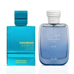 Intense Oud Amber Oud Aqua Dubai By Al Haramain & Hawas Ice by Rasasi Sprays Bundle Extrait de Parfum for Men