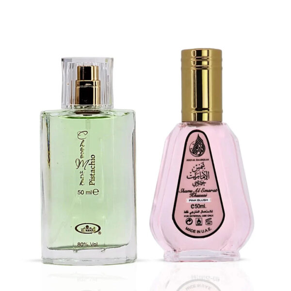 Intense Oud Choco Musk Pistachio by Al Rehab & Pink Blush Shams Al Emarat Khususi by Ard Al Zaafaran Bundle Eau de Parfum for Unisex – 50 ml