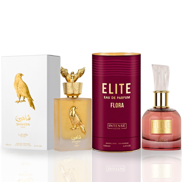 Intense Oud Elite Flora by Intense Elite & Shaheen Gold by Lattafa Pride. BUNDLE Eau de Parfum for Women – 100 ml