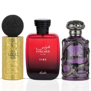 Intense Oud Hawas Fire by Rasasi Habik Men by Lattafa & Naif by Ard Al Zaafaran Sprays Bundle Eau de Parfum for Men – 100 ml