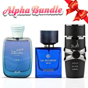 Intense Oud Hawas ice by Rasasi La Passion Blue by Intense Elite & Asad Elixir by Lattafa Sprays Bundle Eau de Parfum for Men – 100 ml