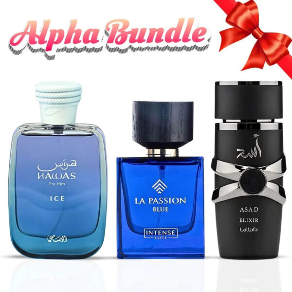 Intense Oud Hawas ice by Rasasi La Passion Blue by Intense Elite & Asad Elixir by Lattafa Sprays Bundle Eau de Parfum for Men – 100 ml