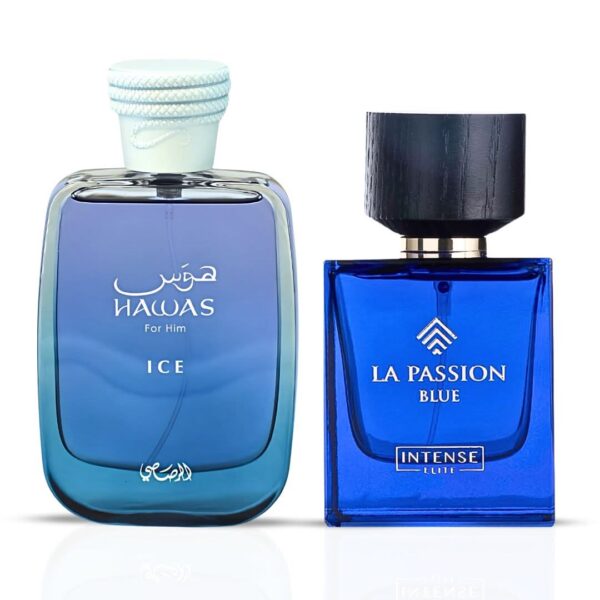 Intense Oud Hawas Ice by Rasasi & La Passion Blue by Intense Elite Sprays Bundle Eau de Parfum for Men – 100 ml