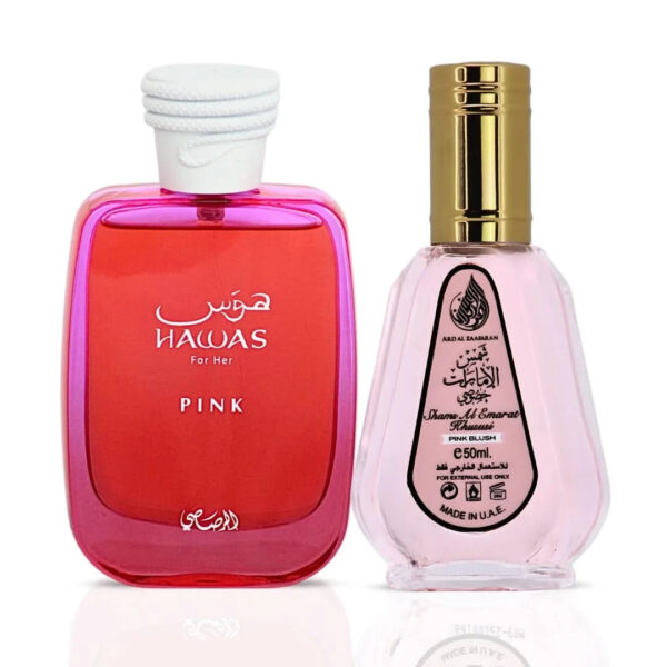 Intense Oud Hawas Pink by Rasasi & Pink Blush Shams Al Emarat Khususi by Ard Al Zaafaran Bundle Eau de Parfum for Women – 100 ml
