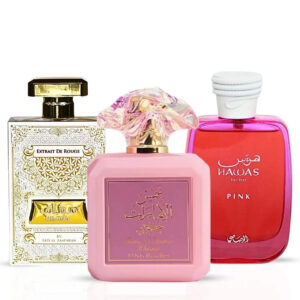 Intense Oud Pink Blush & Meethaq Extrait De Rouge by Ard Al Zaafaran & Hawas Pink by Rasasi Sprays Marshmallow Bundle Eau de Parfum for Women – 100 ml