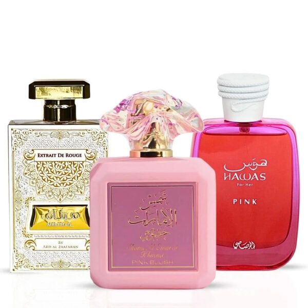 Intense Oud Pink Blush & Meethaq Extrait De Rouge by Ard Al Zaafaran & Hawas Pink by Rasasi Sprays Marshmallow Bundle Eau de Parfum for Women – 100 ml