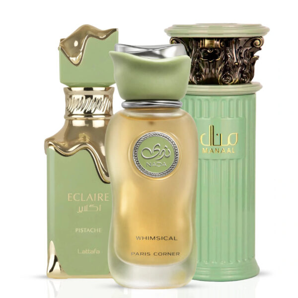 Intense Oud The Pompous Pistachio Bundle Eclaire Pistache by Lattafa Nada Whimsical By Paris Corner & Manaal by Ard Al Zaafaran Eau de Parfum for Women – 100 ml