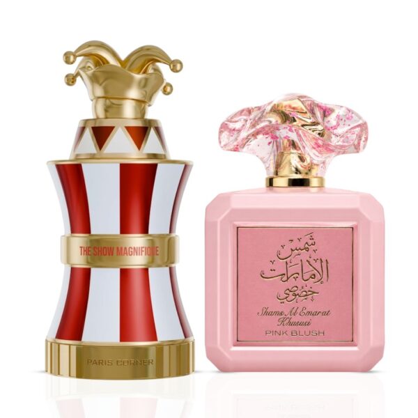 Intense Oud The Show Magnifique by Paris Corner & Pink Blush Shams Al Emarat Khususi by Ard Al Zaafaran Sprays Bundle Eau de Parfum for Unisex – 100 ml