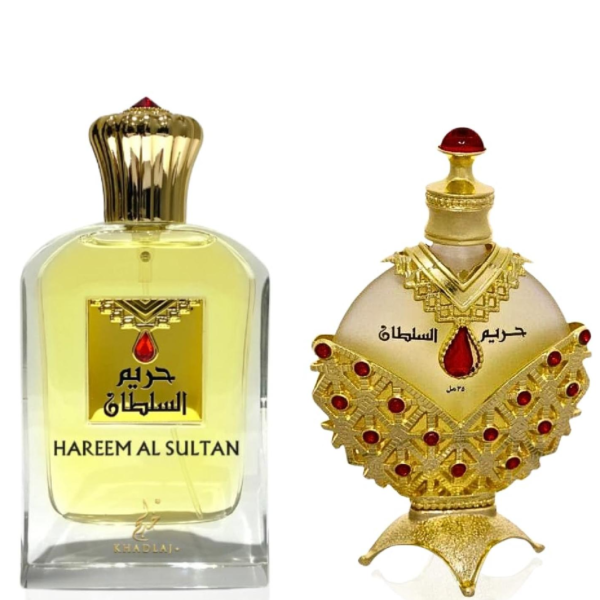 Khadlaj Hareem Al Sultan Gold Bundle for Everyone for Unisex – 2.5 oz Eau de Parfum Spray, 1.18 oz Concentrated Perfume Rollerball