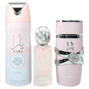 Lattafa Yara 3 Pieces for Women – 3.4 oz / 100 ml EDP Spray; 1.7 oz / 50 ml Fresh Hair Mist; 6.67 oz / 200 ml Perfumed Spray