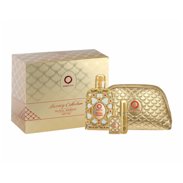 Orientica Royal Amber Luxury Collection for Women – 2.7 oz /  80 ml Eau de Parfum Spray; 10 ml Travel Spray; Atomizer; Bag
