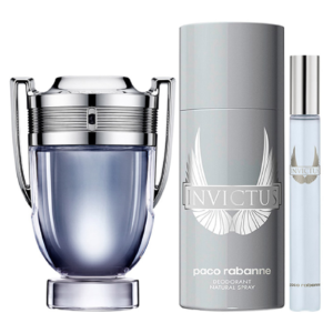 Paco Rabanne Invictus for Men – TIN BOX:  3.4 oz / 100 ml EDT Spray; 5.1 oz / 150 ml Deodorant Spray; 0.3 oz / 10 ml EDT Travel Spray