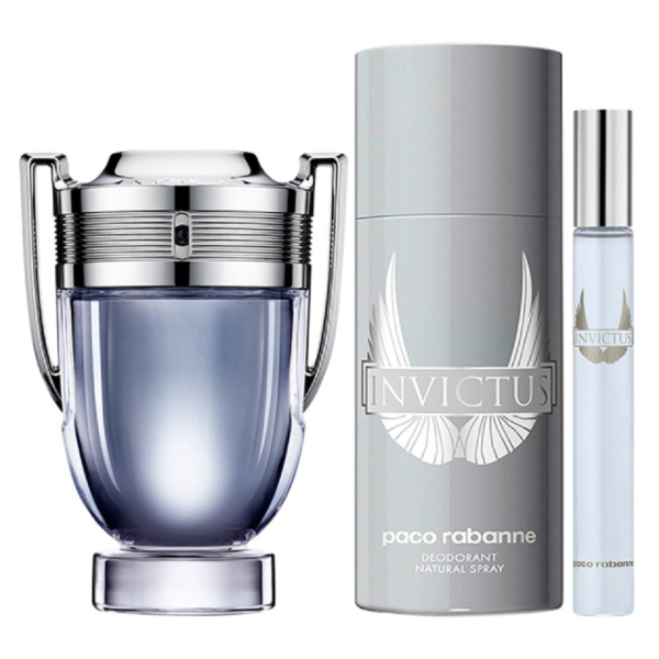 Paco Rabanne Invictus for Men – TIN BOX: 3.4 oz / 100 ml EDT Spray; 5.1 oz / 150 ml Deodorant Spray; 0.3 oz / 10 ml EDT Travel Spray