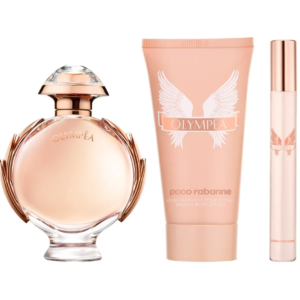 Paco Rabanne Olympea for Women – 2.7 oz / 80 ml EDP; 3.4 oz / 100 ml Body Lotion; 0.33 oz / 10 ml EDP Travel Spray