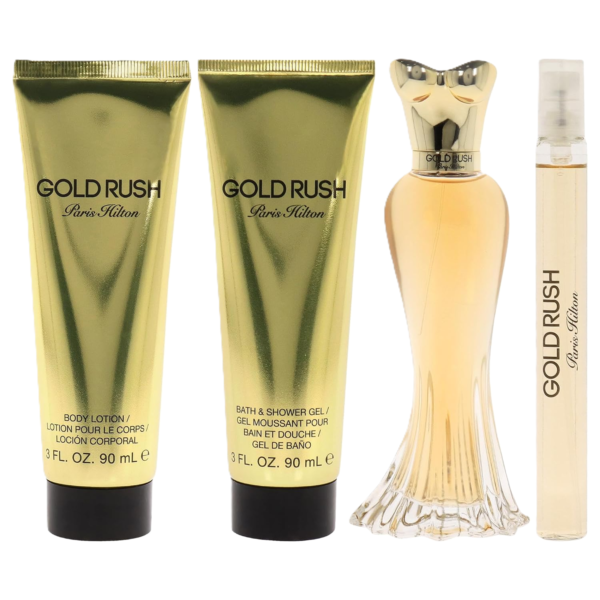 Paris Hilton Gold Rush for Women – 3.4 oz / 100 ml Parfum Spray, 10 ml / 0.34 oz Mini Spray, 3.0 oz Body Lotion, 3.0 oz Shower Gel