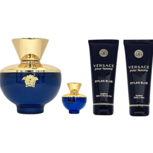 Versace Dylan Blue for Women – 3.4 oz Eau de Parfum Spray, 3.4 oz Body Lotion, 3.4 oz Shower Gel, 0.17 oz Eau de Parfum Travel Spray