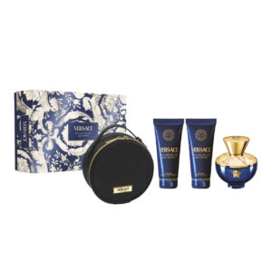 Versace Dylan Blue 4 piece v6 Eau de Parfum for Women – 3.4 oz Eau de Parfum Spray, 3.4 oz Shower Gel, 3.4 oz Body Lotion, Toiletry Bag