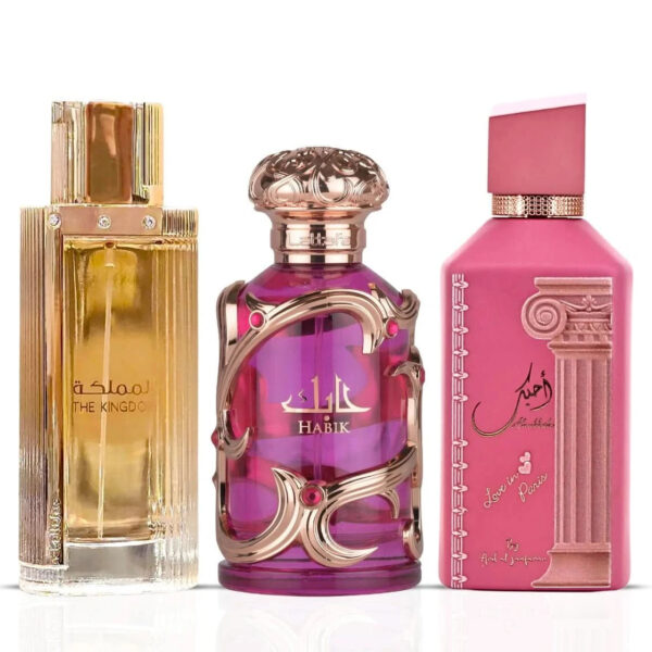 Lattafa Habik Women & Kingdom Women & Ahubbak Love in Paris by Ard Al Zaafaran Sprays Bundle Eau de Parfum for Women